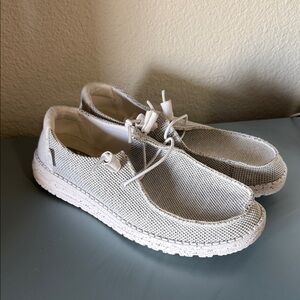 Women’s Hey Dudes Knit Slip-On Shoes - White and Gray Size 8